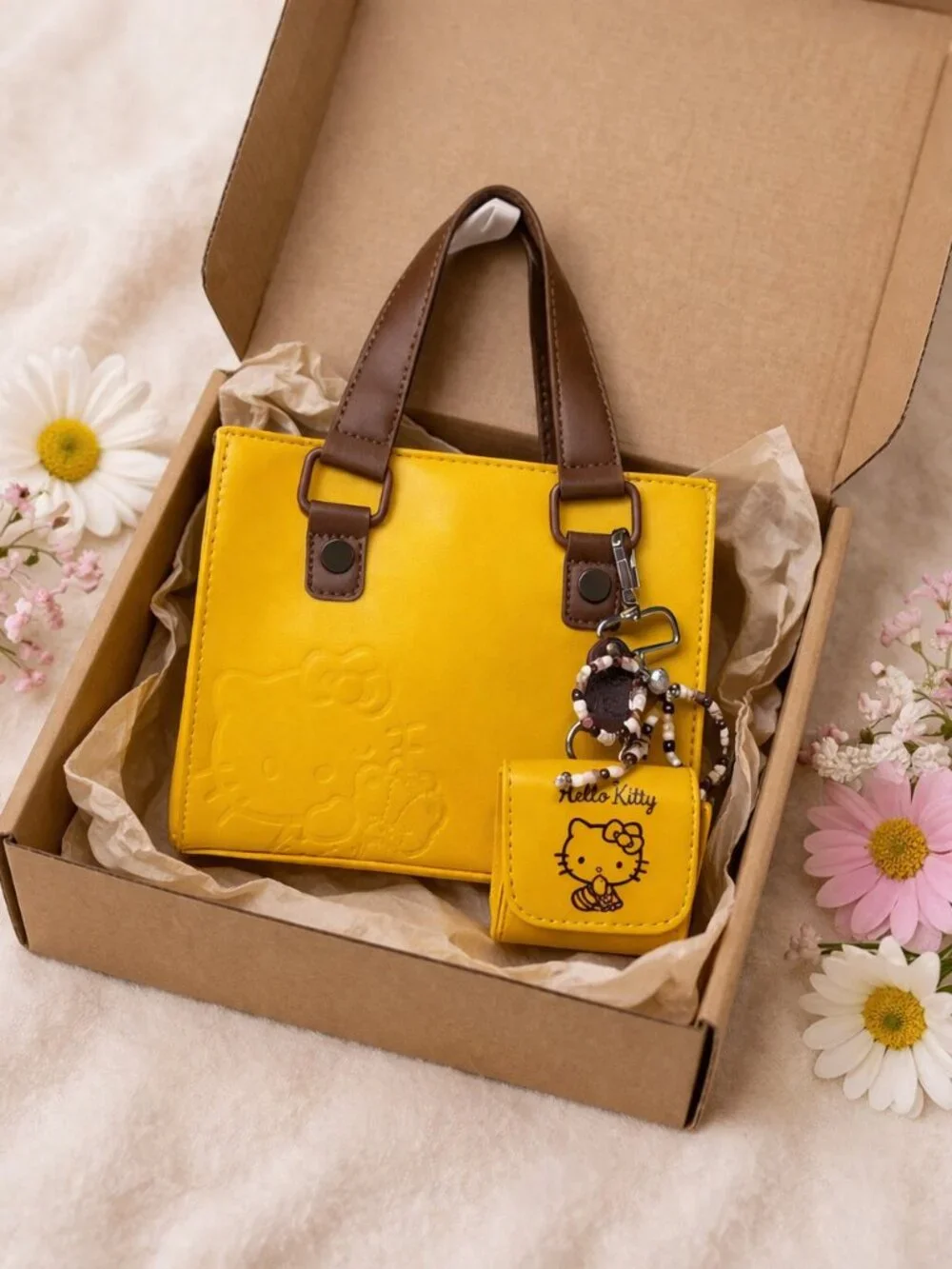 Mustard Yellow Handbag with Mini Coin Purse & Beaded Bow Charm